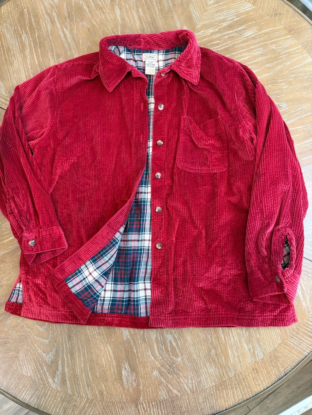L.L. Bean Red Corduroy Shirt Jacket with Plaid Lining